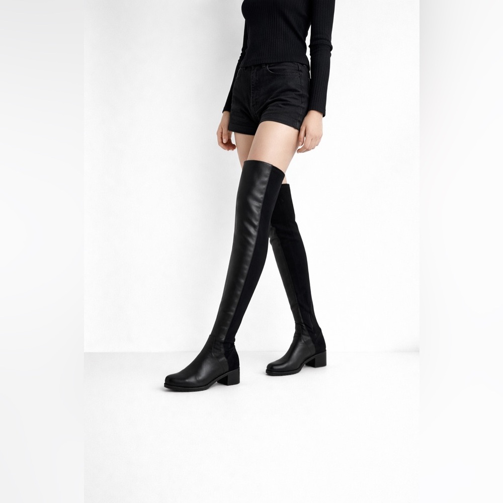 Stuart Weitzman Black Over Knee Leather Stretch Boots Size 8 Low Heel